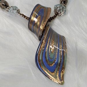 Vtg Necklace Beaded Glass Pendant Art Foil Hand-made Estate 21” Blue Bronze Gold
